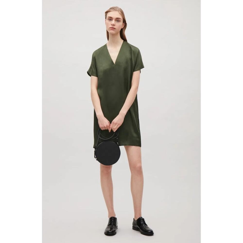 COS Short V-Neck Silk Dress Tunic Forest Green  Lagenlook Minimalist EU38/US6